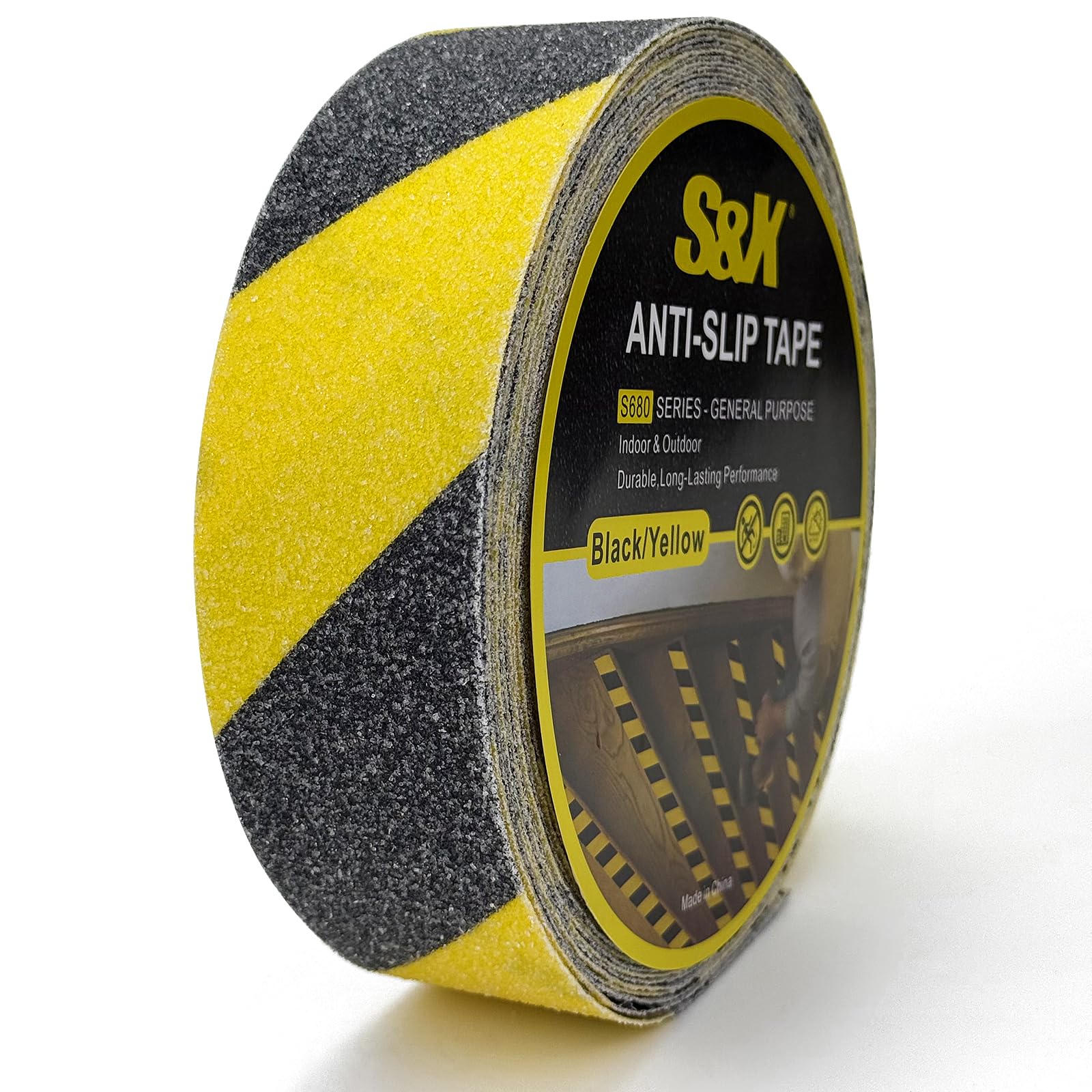 S&X Black/Yellow Anti Slip Tape, 2" x 60 FT, Heavy-Duty Grip Tape for Stairs Steps Outdoor Waterproof Safety Non Skid Roll High Traction Non Slip Strip
