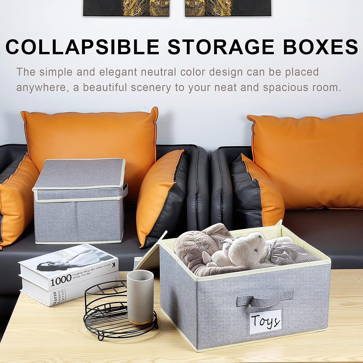 OKBONN Storage Bins with Lids,[2 Pack Large] Collapsible Storage Cubes Decorative Linen Fabric Storage Boxes Organizer Containers Shelf Baskets with Cover for Living Room,Bedroom,Kids Room,Office,Closet,Shelves(14.6''x11.8''x7.9'')