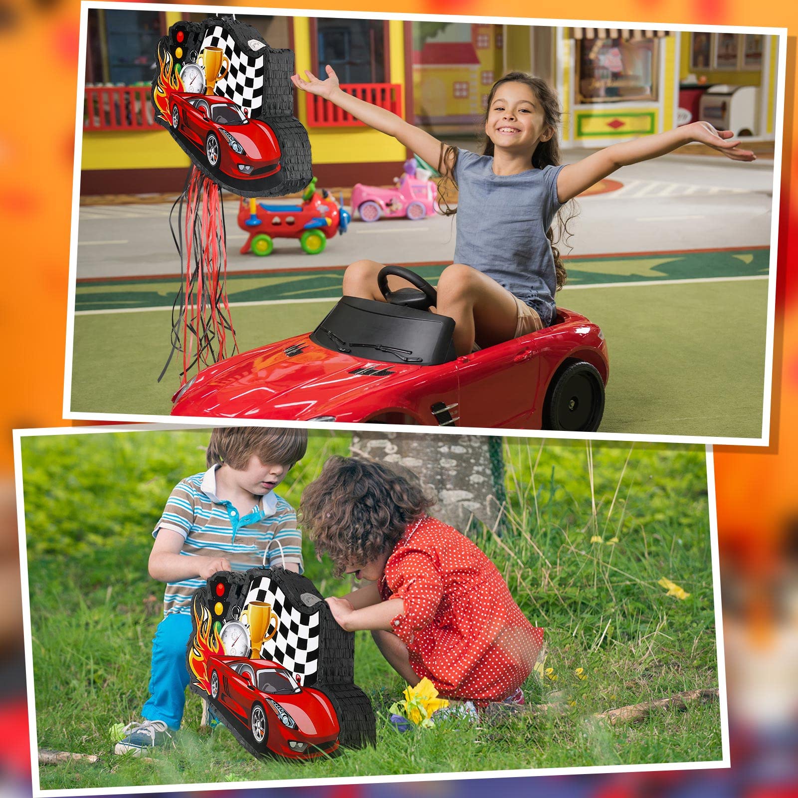 Seematn Race Car Piñata Bundle with a Blindfold, Bat and Confetti Birthday Party Supplies Small Racing Piñata for Kids Boy Construction Party Favors Decor