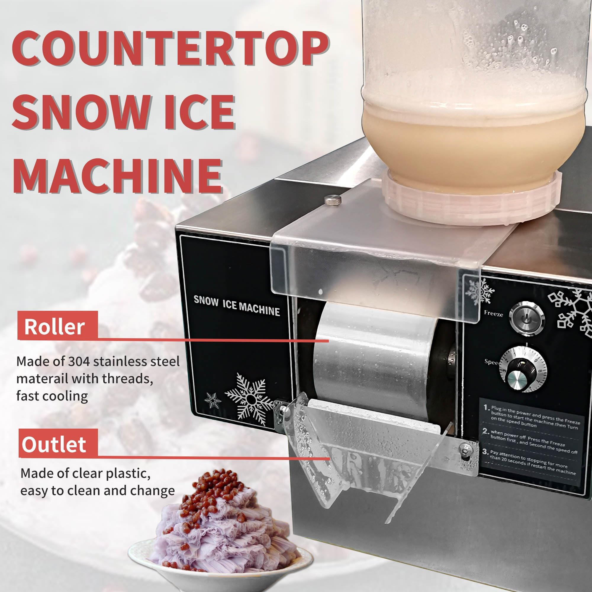 Kommerzielle Schneeflockeneismaschine, Kleiner Schneekegel-Slushie-Maker, Schneeflockeneis-Rasierer, Eisproduktion 132LBS/24H, Einstellbare Geschwindigkeit, Für Restaurant, Supermarkt, Café
