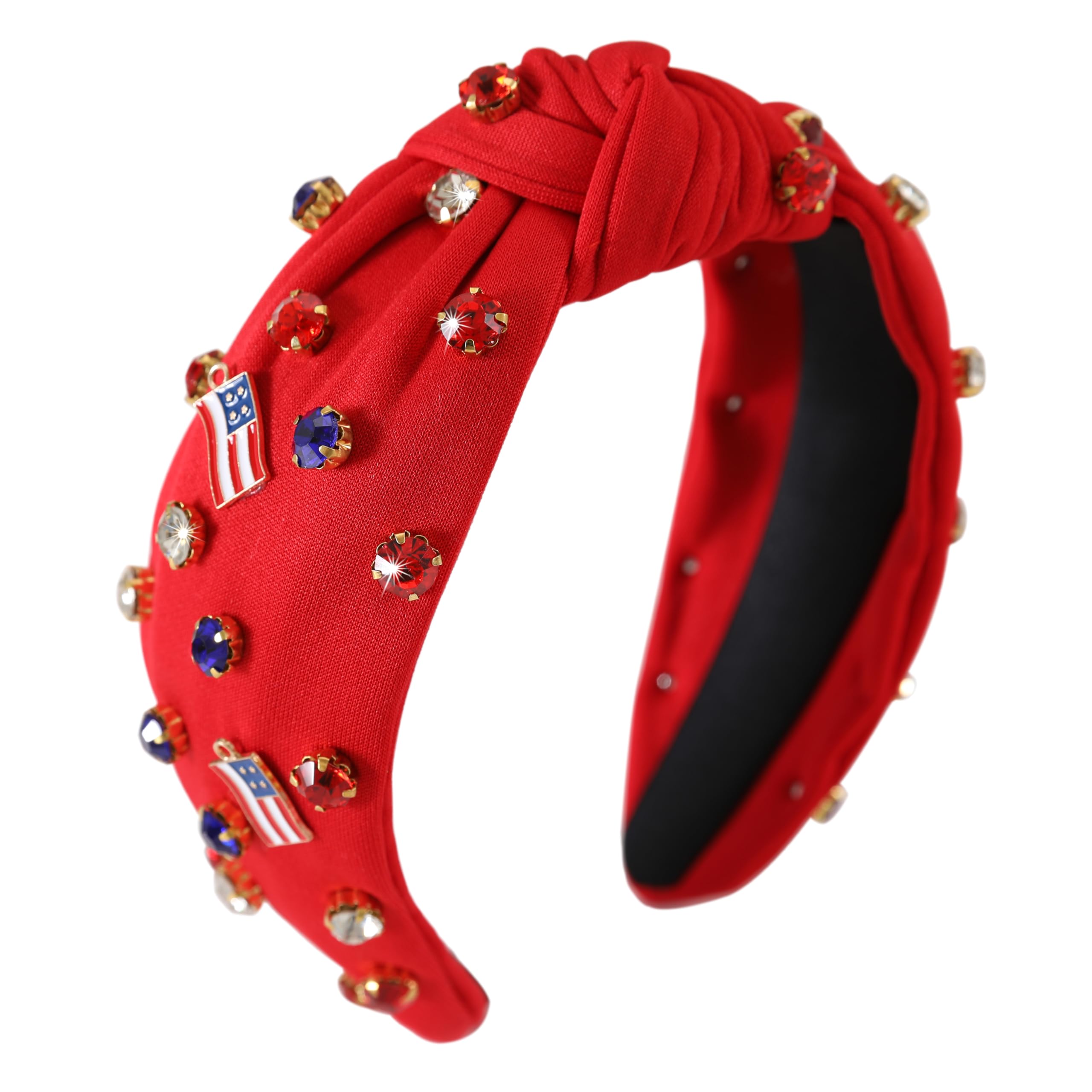 Gmmidea 4th of July Headband for Women Girls White Red and Blue Rhinestone American Flag Headband Wide Knotted Fourth of July Patriotic Hairband