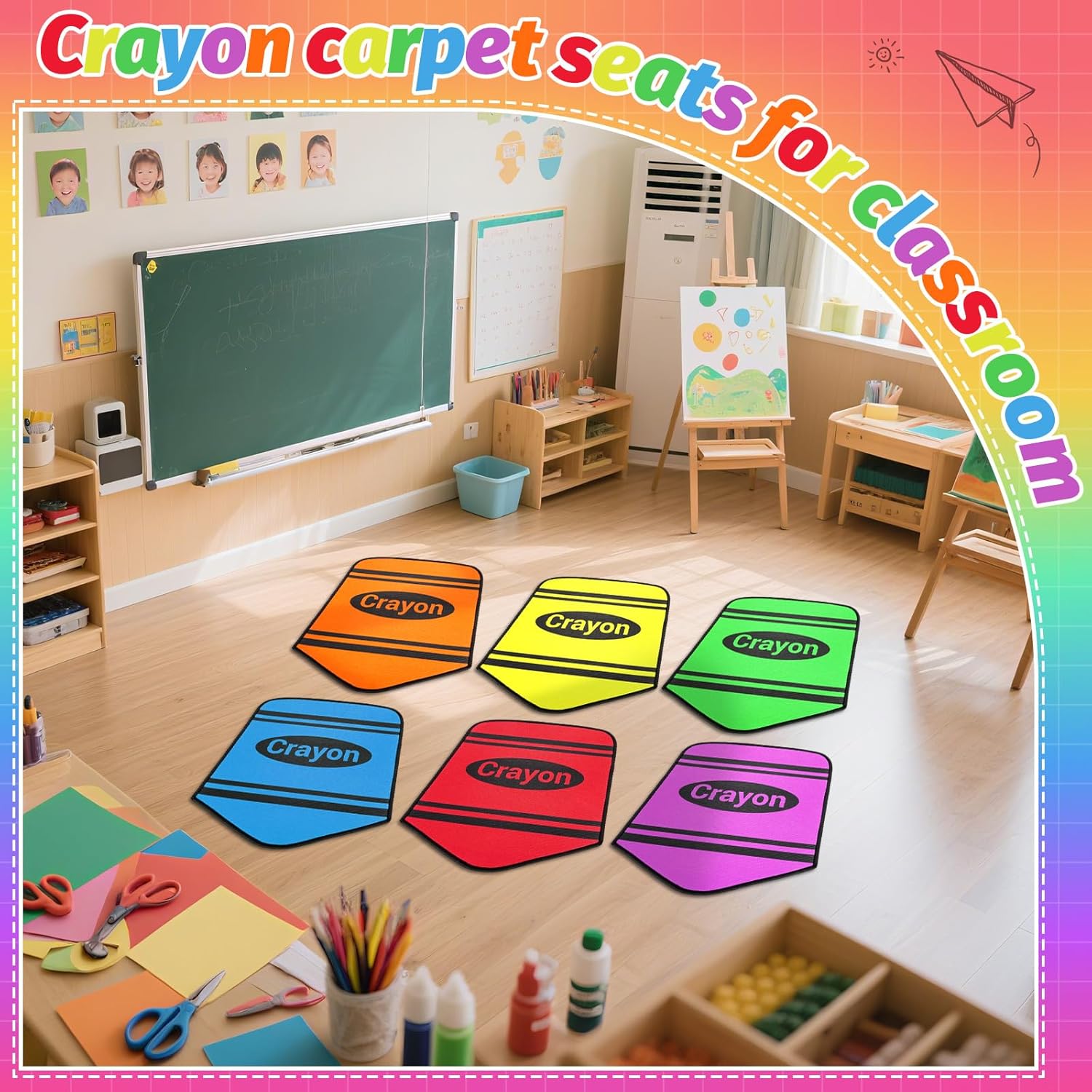 6pcs Crayon Carpet Seats for Classroom 14X17 Inch Colorful Floor Mat Small Crayon Classroom Rug Non Slip Floor Cushions for Preschool Kindergarten Daycare Elementary School Learning Playing Areas