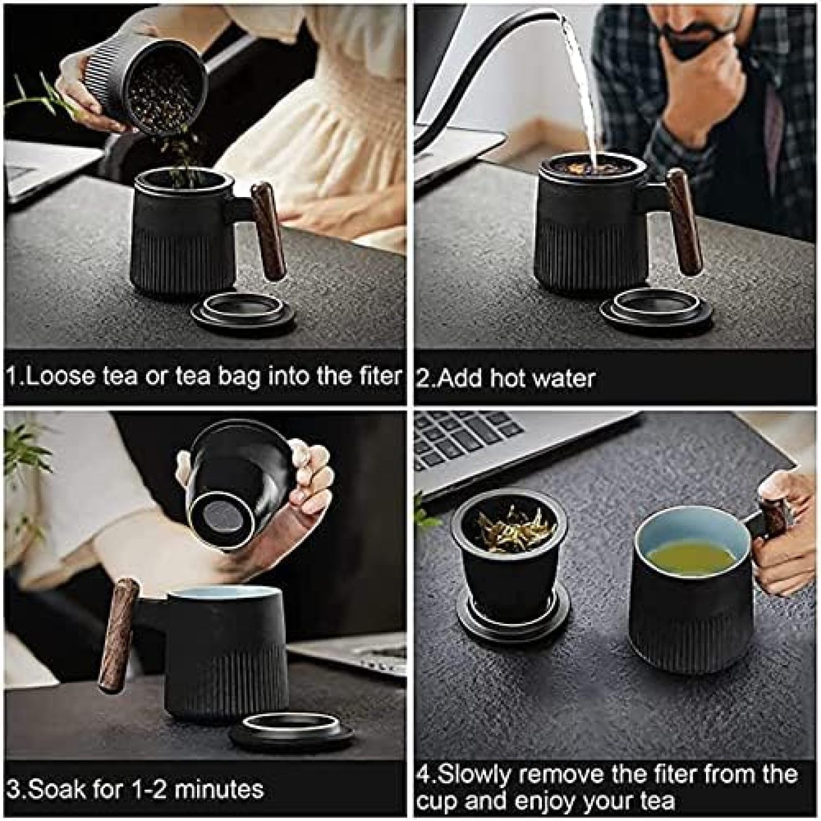 Tasse à thé avec Couvercle et passoire, Tasse en grès pour thé en Vrac ou sachets de thé, Tasse à thé en céramique de 360 ​​ML avec Manche en Bois, 2024