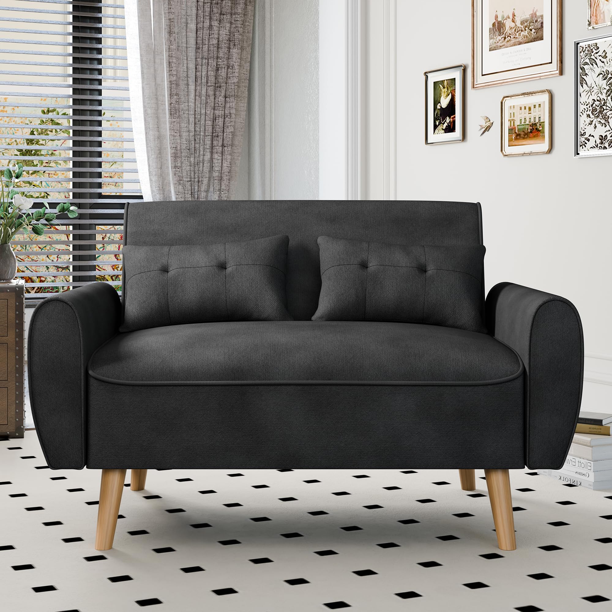 Vongrasig 47" Small Modern Loveseat Sofa, Mid Century Linen Fabric 2