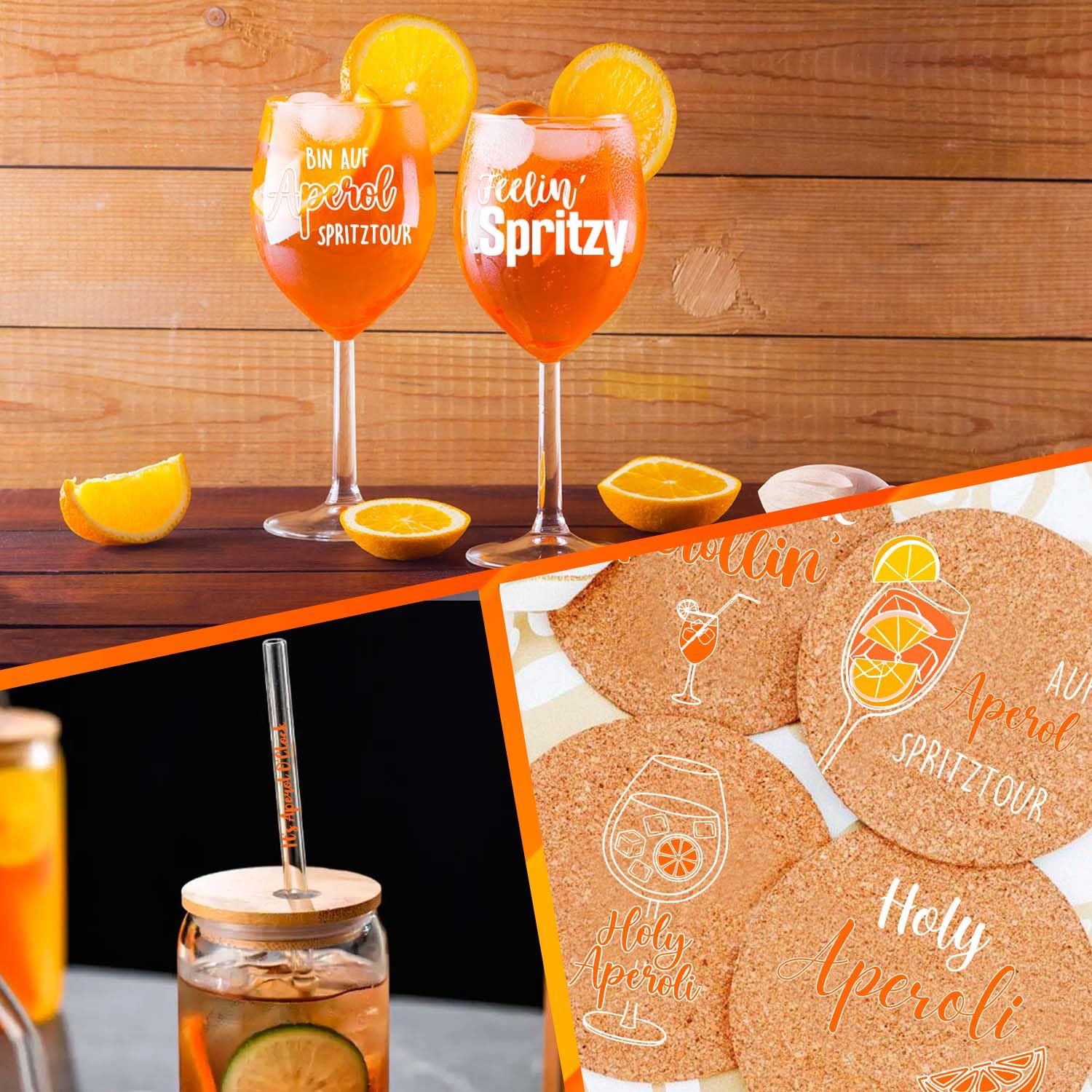 Coffret cadeau 4 verres Aperol Spritz - Verres Aperol de qualité supérieure | Pailles en verre It’s Aperol O’Clock | Sous-verres en liège, idéal pour les amateurs d'Aperol