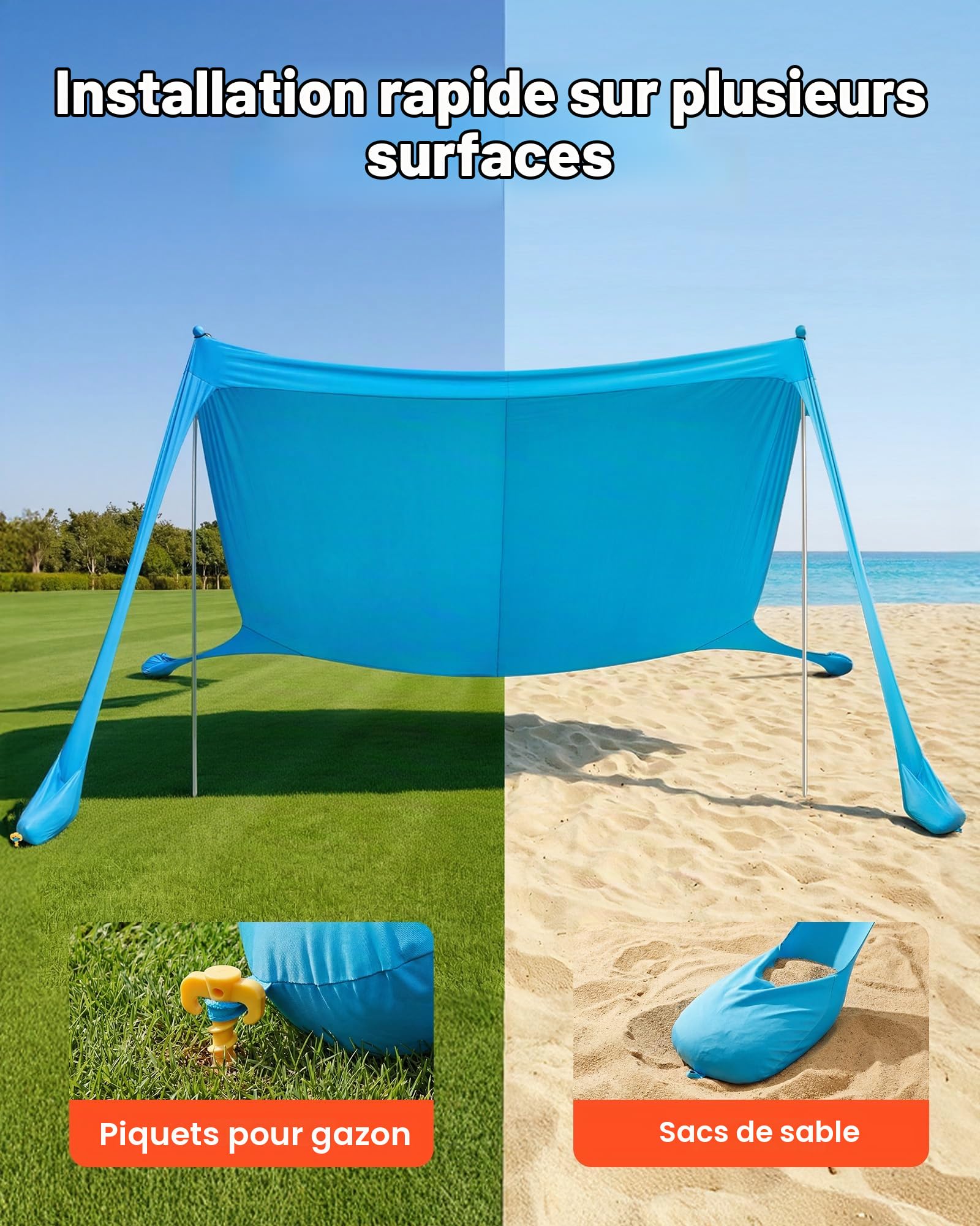 VEVOR Tente de Plage de 3,4x3,4x2 m, Abri Soleil UPF50+, Pare-Soleil Extérieur pour Plage Parc Camping et Pêche, Auvent Protection UV avec Sacs de Sable, Poteaux de Soutien et Pelles à Sable, Bleu