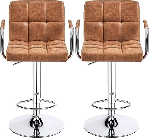 Miniatura 10 de Topeakmart Juego de 2 taburetes de cuero sintético con altura de asiento ajustable con respaldo y brazos, taburete giratorio de 360 elegante, gris