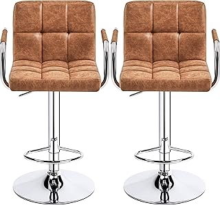 Topeakmart PU Leather Barstool Set of 2 Adjustable Seat Height Counter Height Stools with Back and Arms 360° Swivel Stool Stylish, Retro Brown