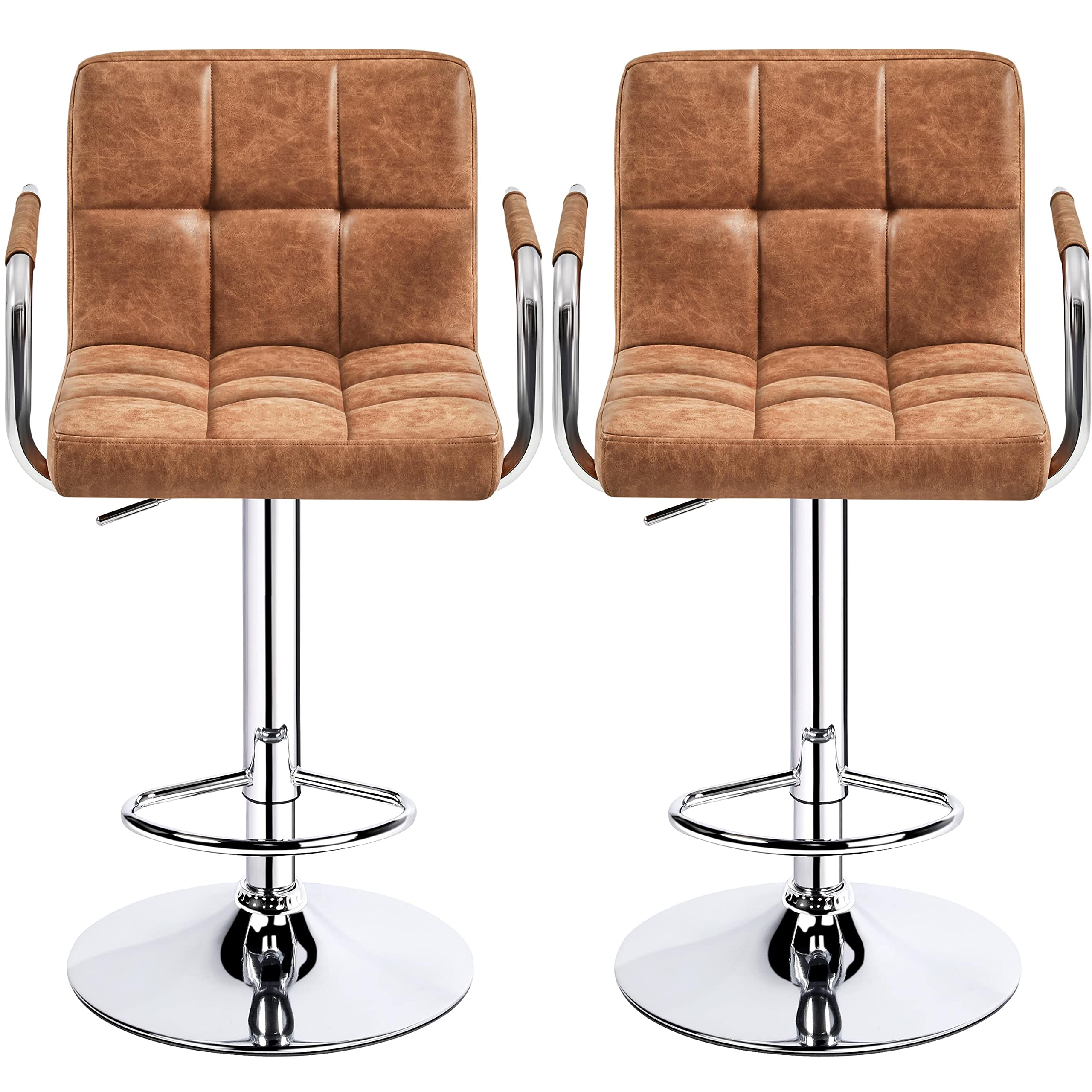 Topeakmart PU Leather Barstool Set of 2 Adjustable Seat Height Counter Height Stools with Back and Arms 360° Swivel Stool Stylish, Retro Brown