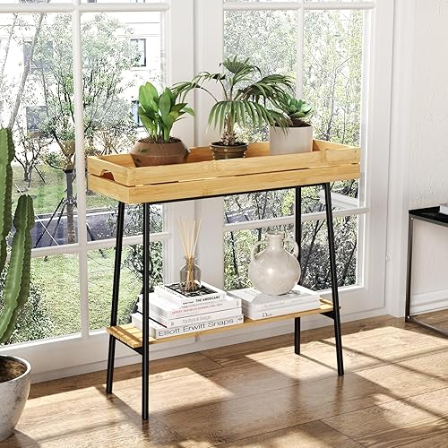 Miniatura 3 de BAMBANG Soporte de bambú para plantas de interior, mesa de madera de 2 niveles, soporte alto para plantas de interior, estante para plantas de