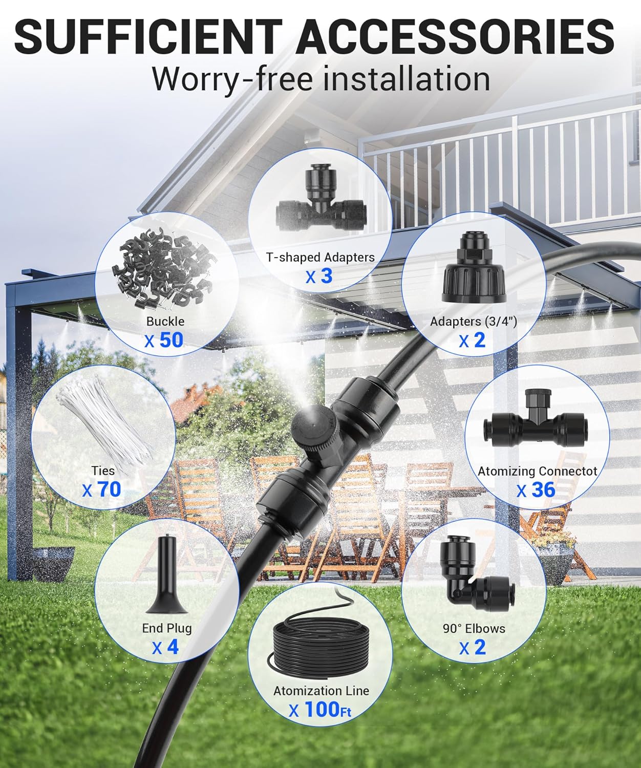 100FT Misters for Outside Patio Misters for Cooling (36 Mist Nozzles) Outdoor Water Patio Hose Greenhouse Mister System Outside Mist Backyard Trampoline for Waterpark Watering Misters for Cooling