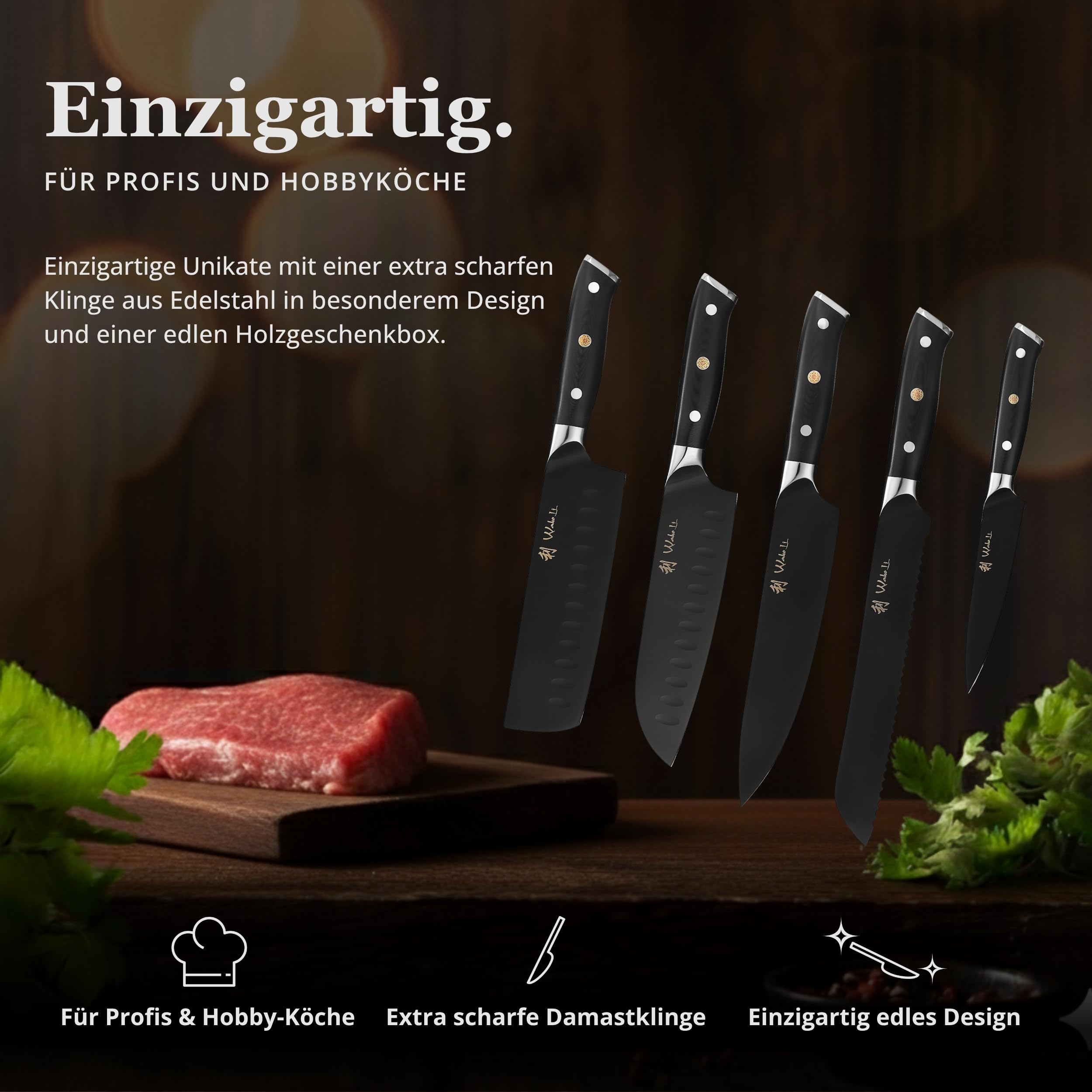Wakoli Titanium Noir Messerblock-Set mit 5 Messern aus 5Cr15MoV-Stahl | Chefmesser, Brotmesser, Santoku, Nakiri und Allzweckmesser; G10-Griffe, Titanbeschichtung, einseitig magnetischer Messerblock
