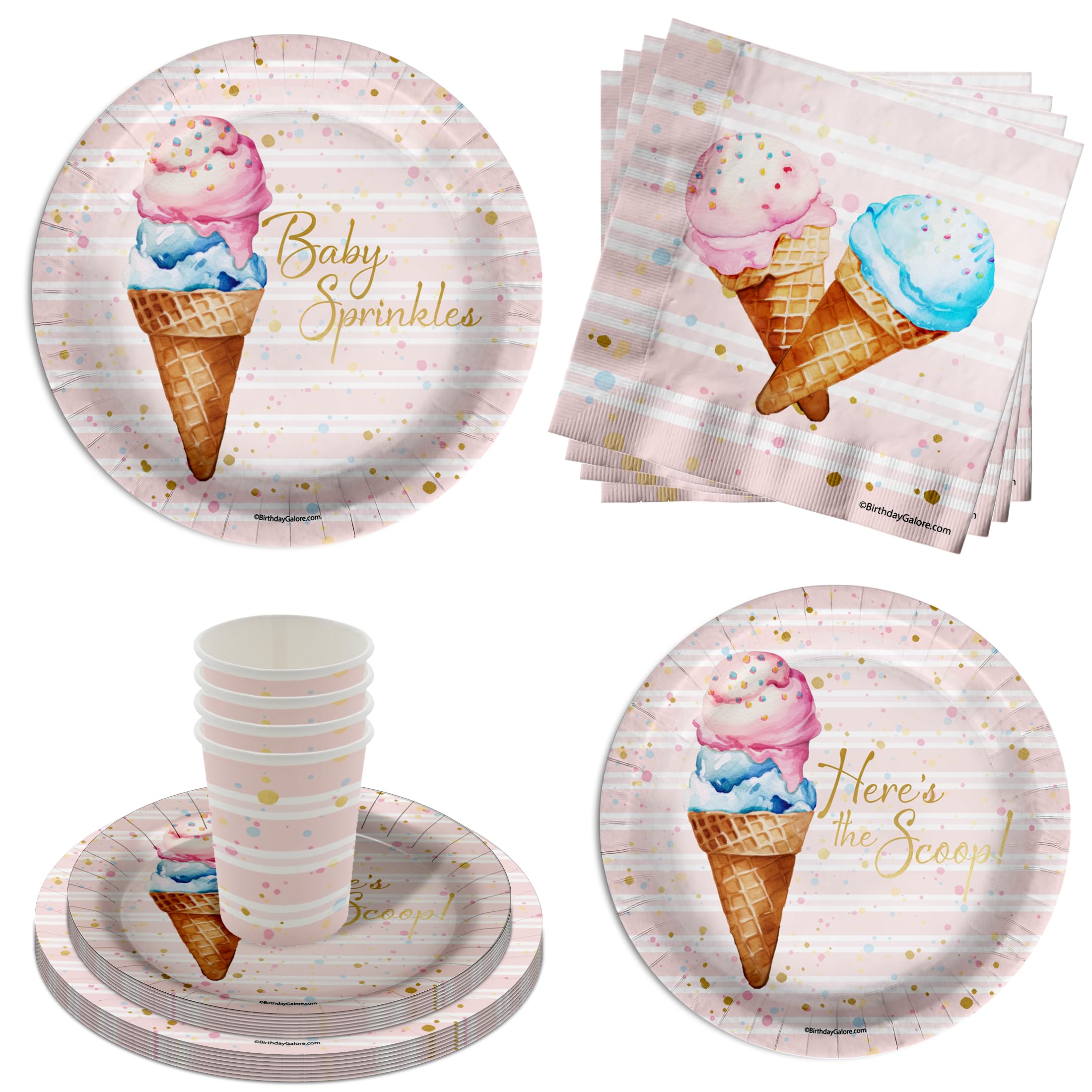 Baby Sprinkles Scoops Ice Cream Party Supplies 64 Piece Tableware Set Includes Large 9" Dinner Plates and 8" Dessert Paper Plates Napkins Cups - Kit
