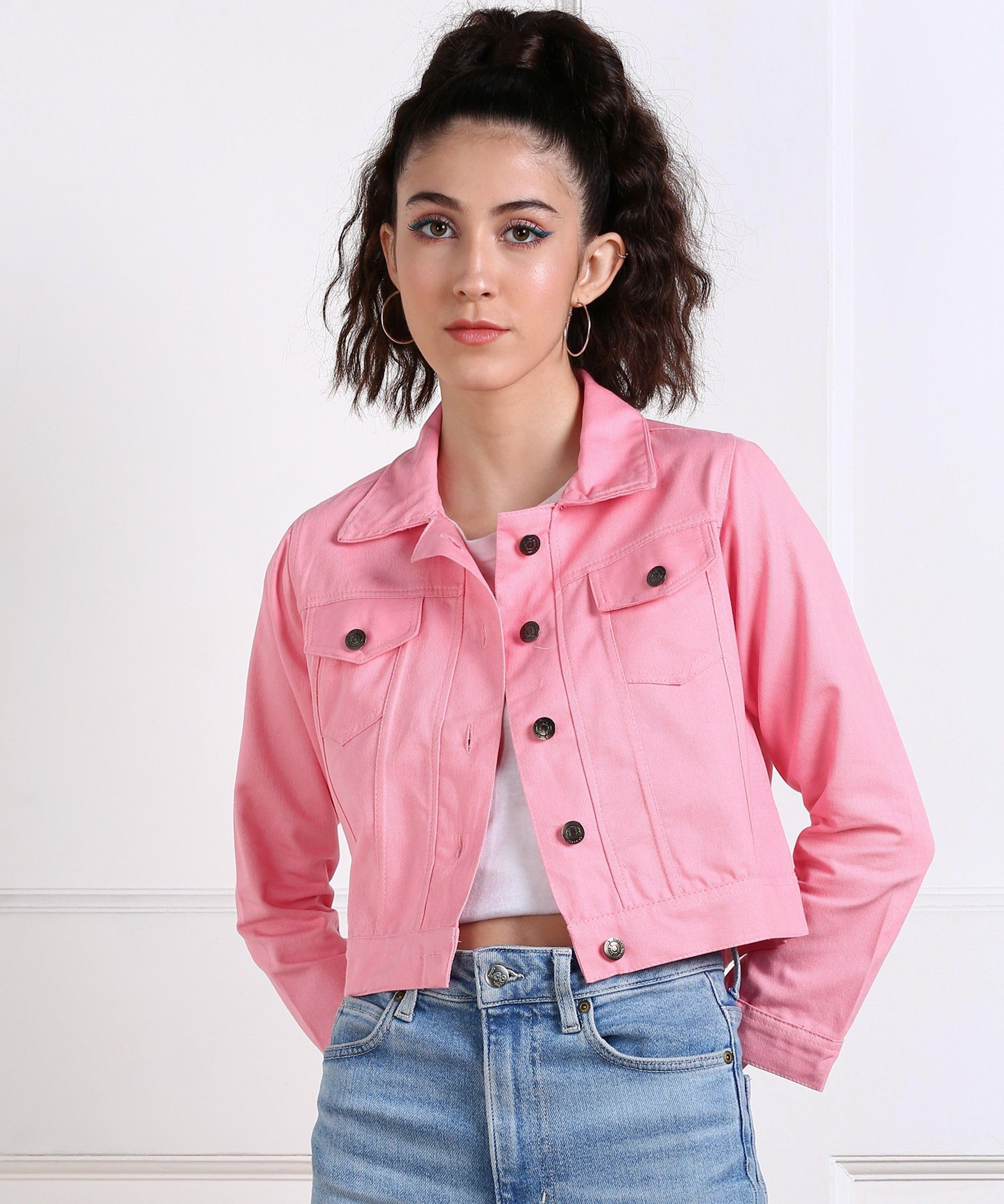 montrez Women Baby Pink Crop Denim Jacket-picture-32