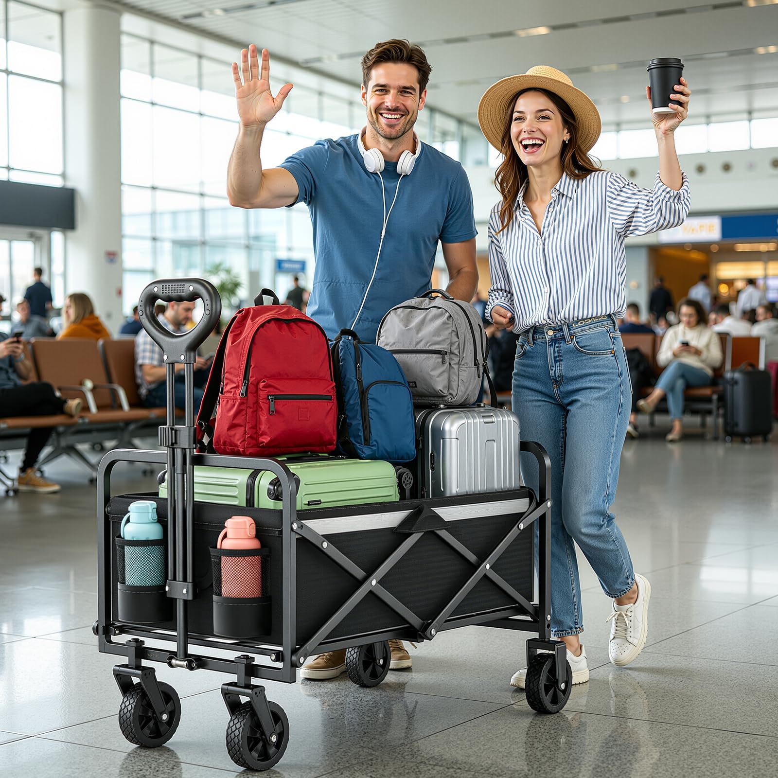 Carrello pieghevole da 70 l, tessuto Oxford 600D, carrello da giardino con ruote, manico regolabile, per campeggio, picnic, spiaggia