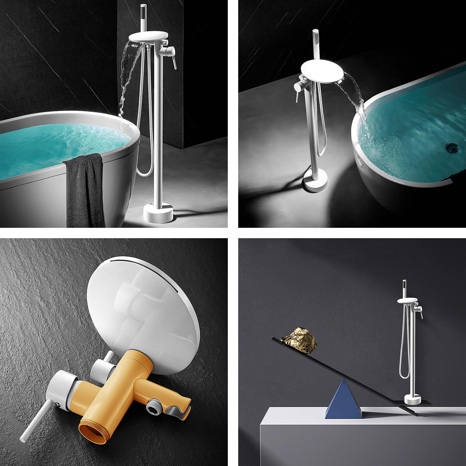 Grifo Mezclador de Bañera Y Ducha Acabado Dorado Cepillado Grifo de Bañera Independiente con Ducha de Mano Cascada Giratoria de 360° con Agua Fría Y Caliente Y Ducha Monomando de Latón
