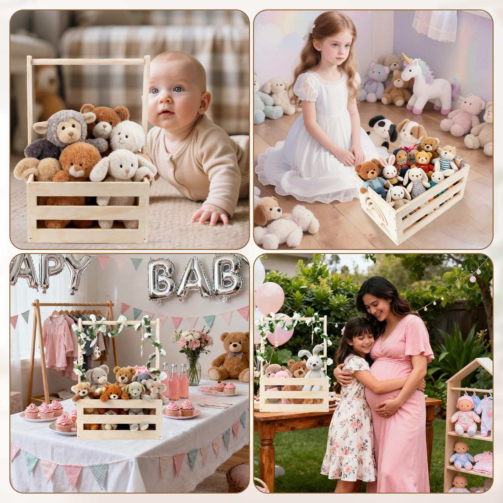 Cesta de Madera para Bebé con Asa, Regalo para Baby Shower Recién Nacido Niño Niña, Práctico Armario para Bebé, Cesta Personalizada con Perchas, Hojas Decorativas y Colgantes de Madera — view 5
