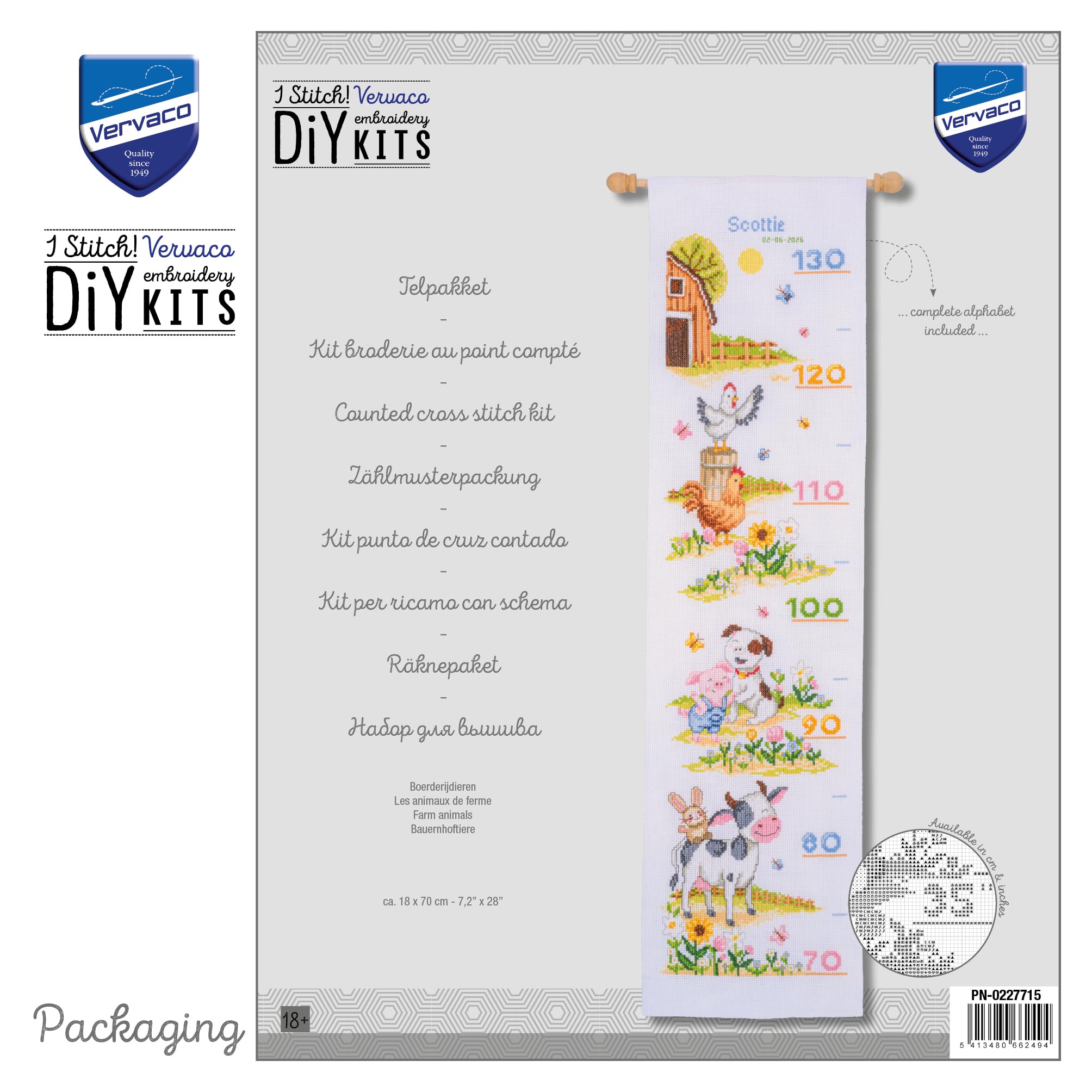 VERVACO Haft Krzyżykowy Liczony Zestaw Miarka Wzrostu dla Dzieci ZWIERZĘTA GOSPODARSKIE Zrób to Sam Zestaw Kreatywny dla Dorosłych 18 x 70 cm Dekoracja Ścienna DIY Cross Stitch Kit