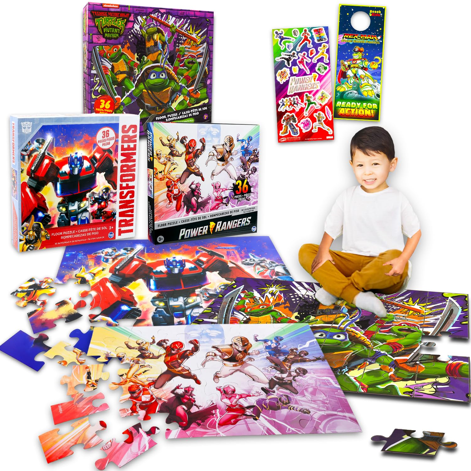 3 Pack Transformers, TMNT, Power Rangers 36-teiliges Boden-Puzzle-Set – Bündel mit 3 verschiedenen Puzzles für Jungen plus Aufkleber, mehr | Boden-Puzzle-Set für Kinder im Alter von 4–8 Jahren