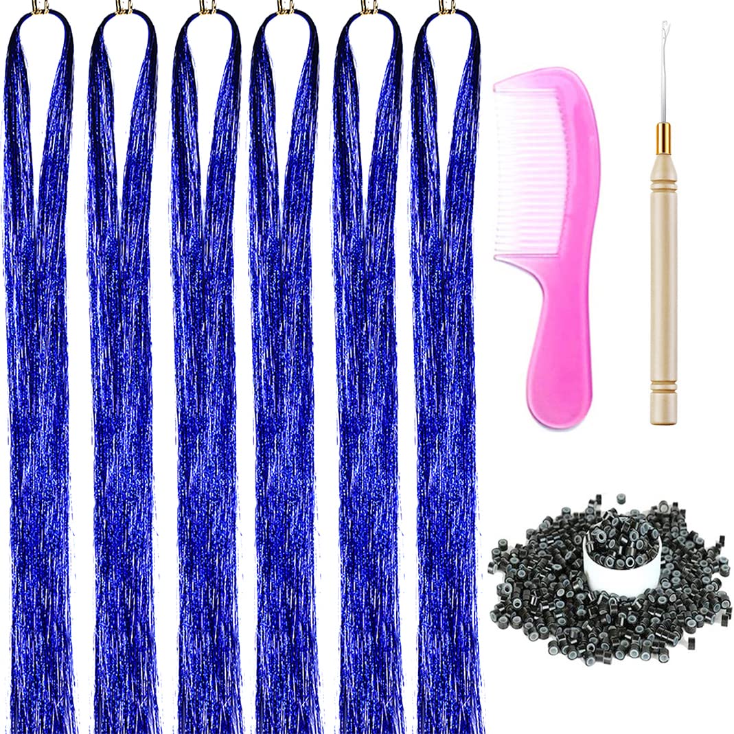 Hair Tinsel Kit with Tools 43 Inch 6 Packs 1200 Strands Tinsel Hair Extensions for Women Girls Heat Resistant Sparkling Shiny Glitter Hair for Christmas Cosplay Party New Year (43 inch, royal blue)