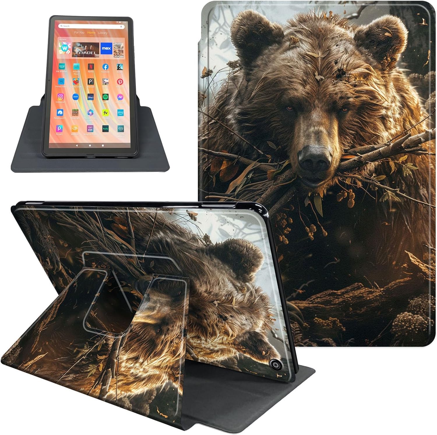 Case for All-New Amazon Kindle Fire HD 10 Tablet (13th Generation, 2023 Release) 10.1", 360 Degree Rotating Folio Stand Smart Cover for Fire Tablet 10 2023, Auto Sleep/Wake, Brown Bear
