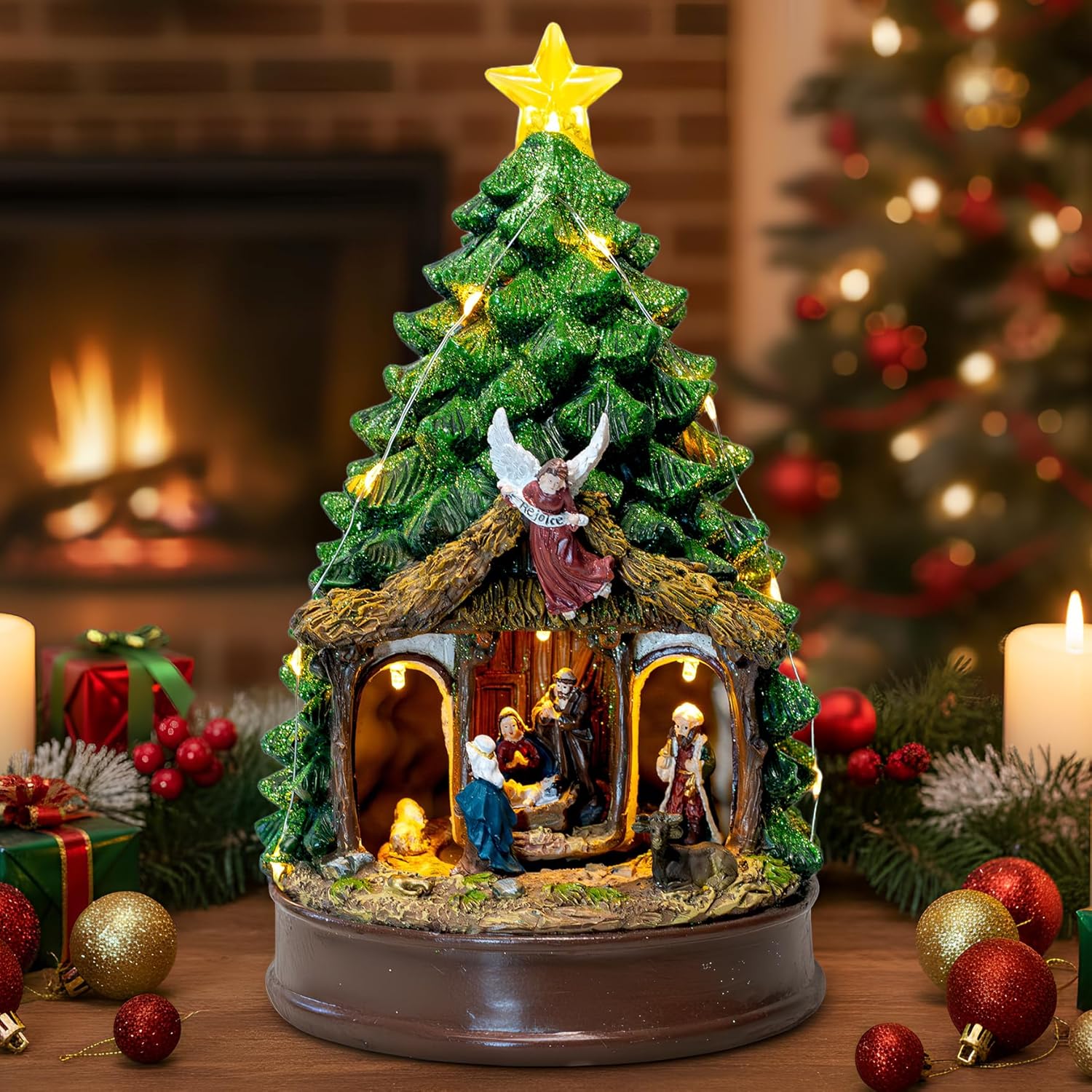 Christmas Tree Lighted Animated Rotating Adoration of The Magi Nativity Manger Scene, Musical Creche with Barn Animals Figurines LED Lights, Home Decor Gifts Festive Holiday Tabletop Decorations
