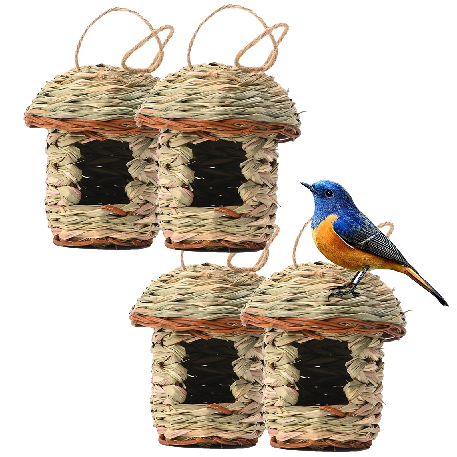 Jaula Pajaro, Nidos Pajaros, Nido Pajaros Exterior Colgante, Jaula De Nido De Paja Tejida A Mano para PáJaros, Canario O CacatúAs U Otros PáJaros, Decoracion De Pascua (4 Piezas)