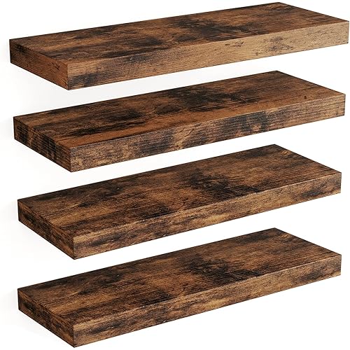 Fixwal 15.8in Floating Shelves, Rustic Wood Finish Wall Shelves Set of 4, Shelves for Wall Decor, with Invisible Brackets for Bathroom, Living Room,Bedroom and Kitchen(Rustic Brown)