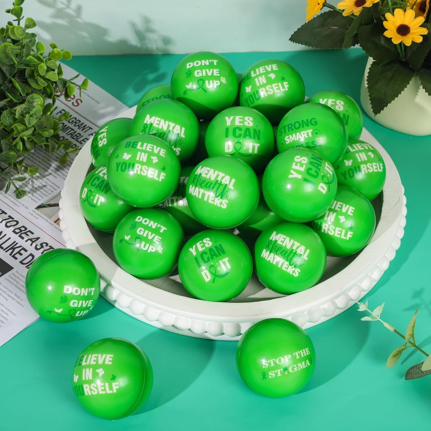 Aneco 48 Pieces Mental Health Awareness Stress Balls Mini Motivational Foam Toys Bulk Encouraging Mental Health Gifts Anxiety Stress Relief Toys for Fundraiser Gifts Supporting Minds