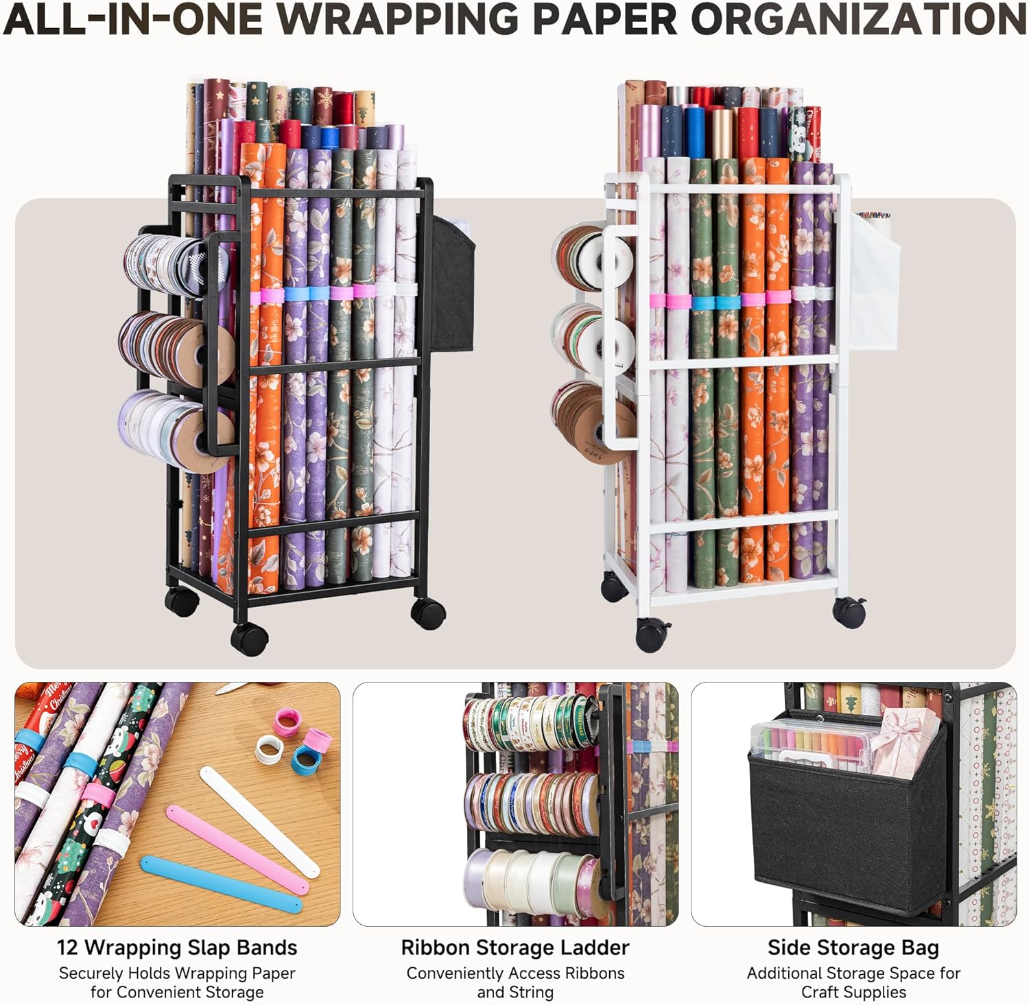 Aquzee Gift Wrapping Paper Organizer Storage, Rolling Gift Wrap Storage Stand, Vertical Wrapping Paper Storage Cart, Ribbon Organizers, 12 PCS Slap Bands, 9 Adjustable Rod Design, Black