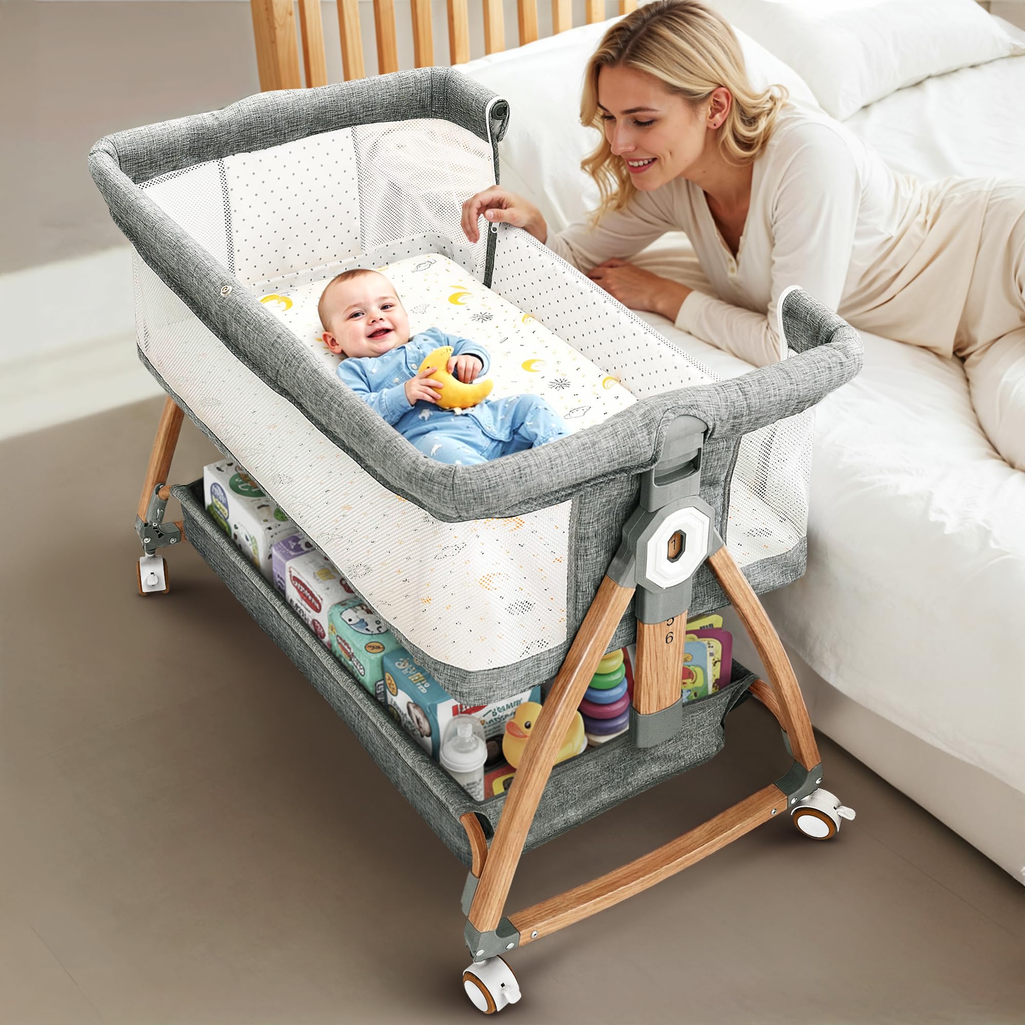 Earth&ME Baby Bassinet Bedside Sleeper with Rocking - All Mesh Portable Bedside Crib for Safe Co-Sleeping, Storage Basket and Wheels, Adjustable Height, Includes Travel Bag, Mosquito Net (Grey)