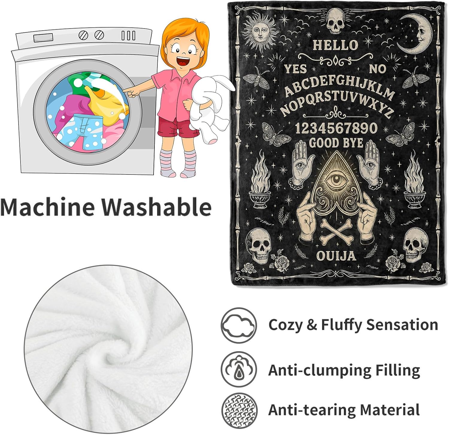 Ouija Board Blanket Halloween Holiday Decor Gothic Spirit Witch Throw Gifts for Kids Adults Lightweight Soft Fleece Sun Moon Skeleton Skull Witchy Blankets for Horror Spooky Decoration 50x60in - Image 4