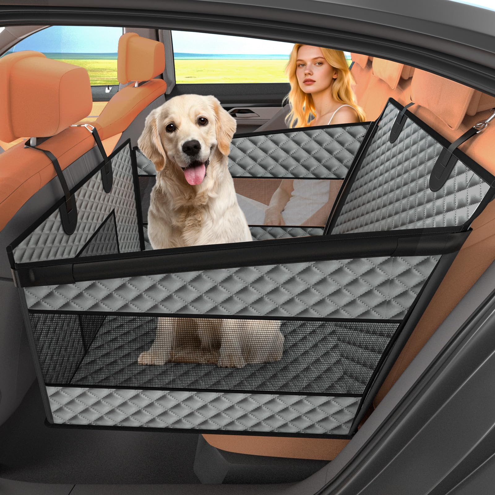 dog car seat for large dogs, back seat extender for dogs, foldable pet car seat with waterproof oxford fabric and non-slip bottom, all-around protection and strong support, grey