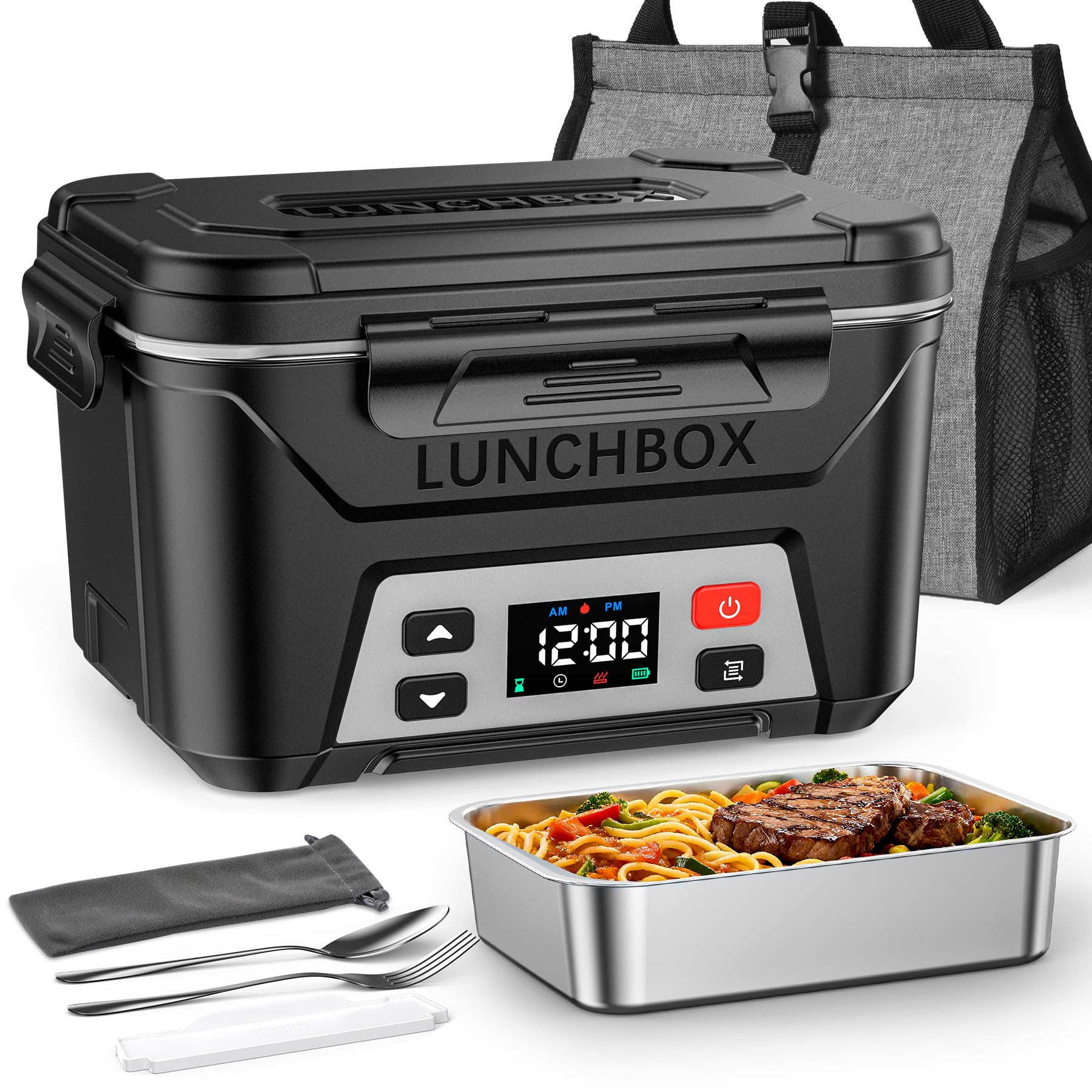 Docusvect Gamelle chauffante batterie, Lunch box chauffante rechargeable avec Chauffage Programmable, Chauffe plat électrique 1,3 L, réchauffe plat avec séparateurs amovibles et sac isotherme (Black)