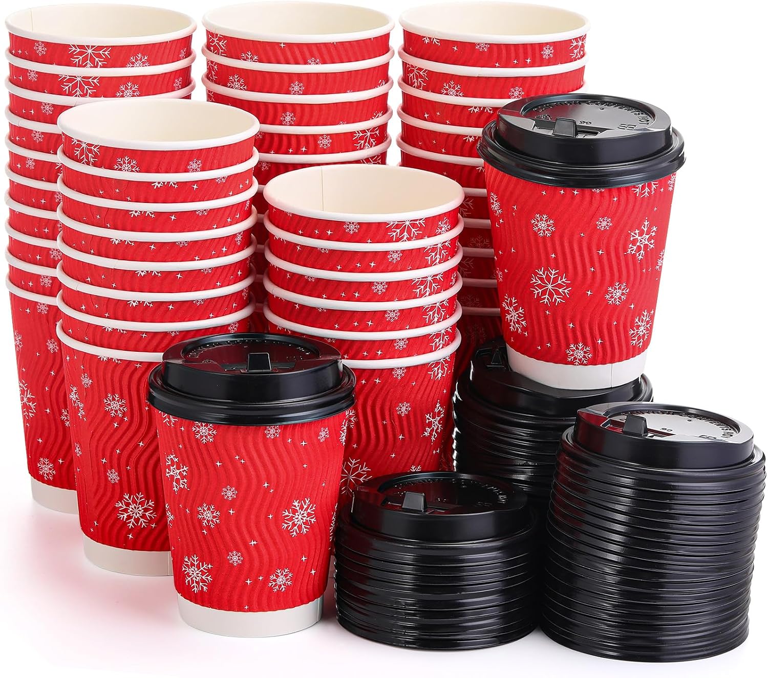 Jingmore 48 Pcs Snowflake Paper Coffee Cups 12 Oz Winter Disposable Extra Thick Insulated Beverage Cups with Leak Proof Lids for Wonderland Winter Christmas Party (Red)