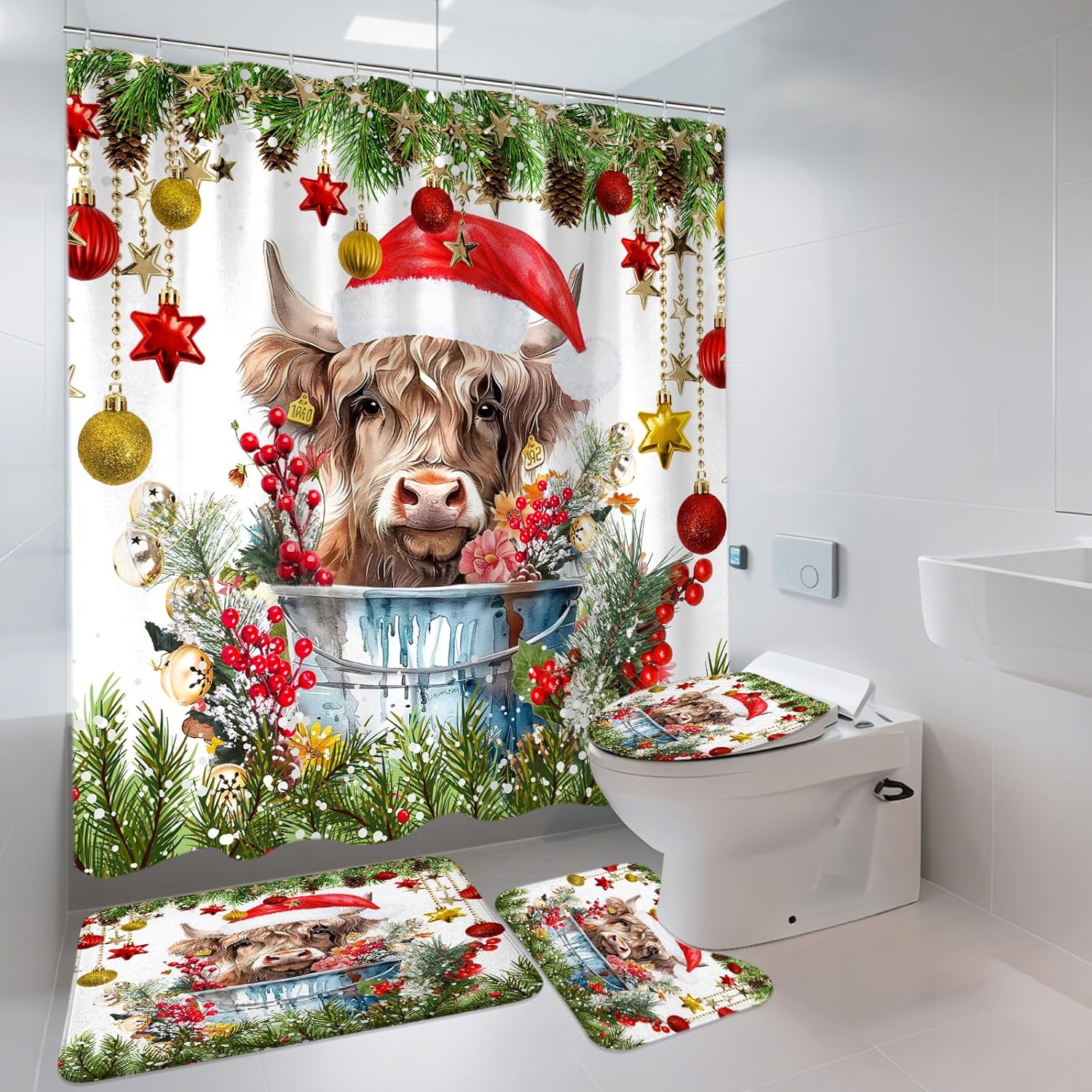 Sanzugh Christmas Highland Cow Bathroom Sets with Rugs and Accessories 4 Piece, Cute Xmas Farmhouse Animal Winter Holiday Shower Curtain with Non-Slip Bath Mat Toilet Cover U Shaped Mat Set 4 Pcs