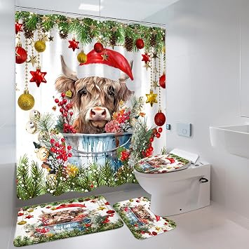 طقم حمام بقرة من Sanzugh Christmas Highland مع سجاد وإكسسوارات مكون من 4 قطع، ستارة دش شتوية لطيفة لحيوانات مزرعة عيد الميلاد مع حصيرة حمام غير قابلة للانزلاق وغطاء مرحاض على شكل حرف U مكون من 4 قطع