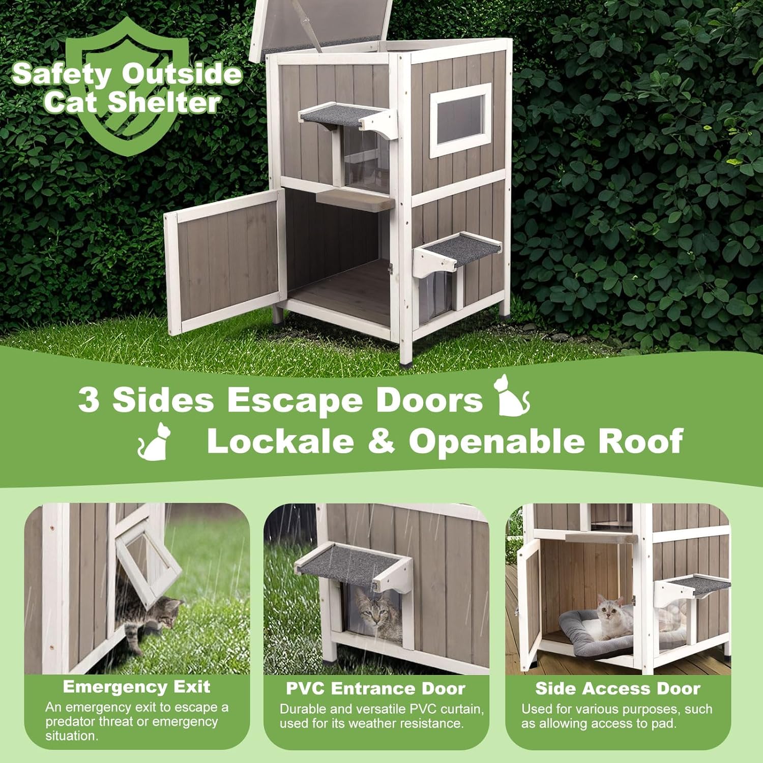 Outdoor Cat House Weatherproof, Two Story Wooden Feral Cat House Shelter with 2 Escape Door, Outside Cat Condo for Small Animals with Openable Asphalt Roof, Grey
