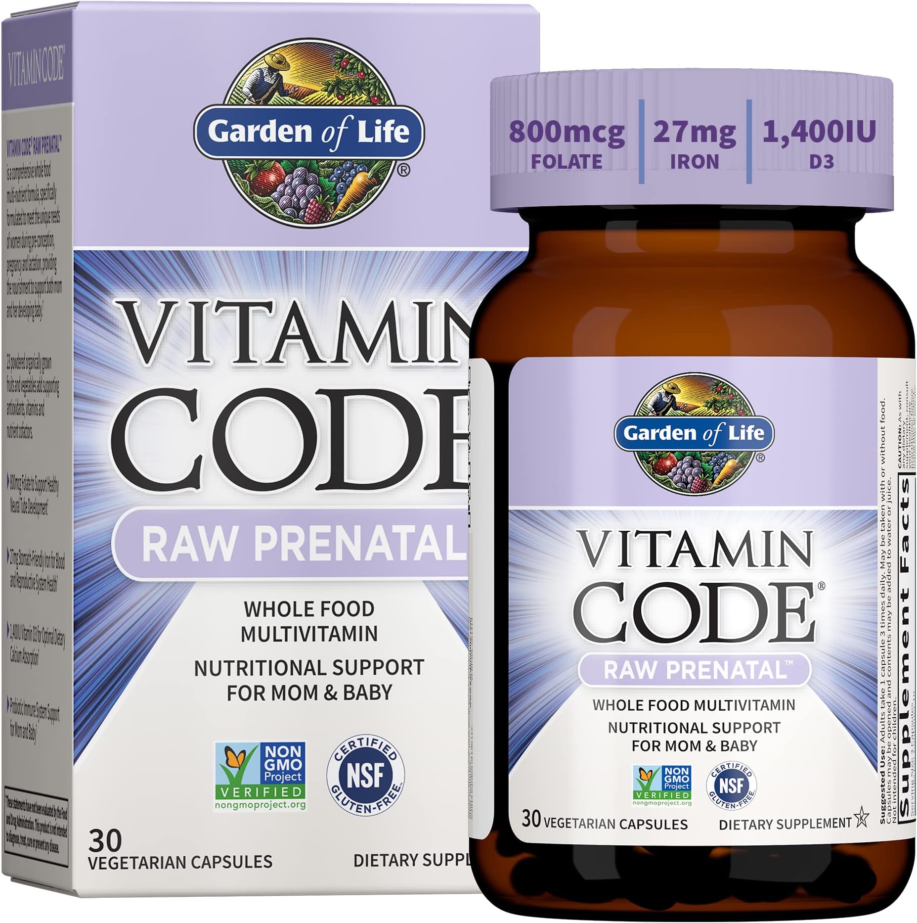 Garden of LifePrenatal Multivitamin for Women with Iron, Folate & Vitamin C and D3 for Neural Development & Probiotics for Immune Support – Vitamin Code – Non-GMO, Gluten-Free, Kosher, 10 Day Supply