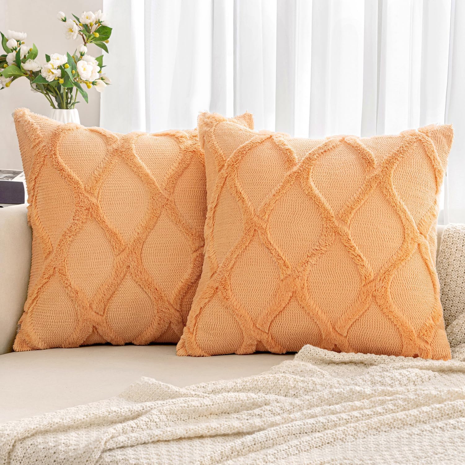 MIULEE Decorative Throw Pillow Covers Orange 18x18 Inch Set of 2, Soft Plush Faux Wool Couch Cushion Covers Farmhouse Throw Pillows for Couch Bed Sofa Living Room 18" x 18" (Pack of 2) Orange
