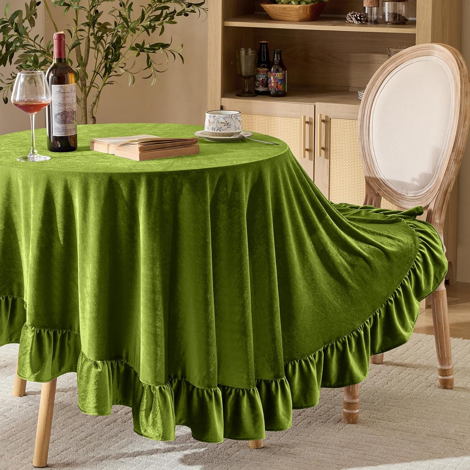 KKJIAF Olive Green Velvet Round Tablecloth 70 inch, Retro Farmhouse Ruffle Round Table Cloth Washable Table Cover for Wedding Buffet Parties Baby Shower Kitchen Decoration Olive Green 70" (Round)