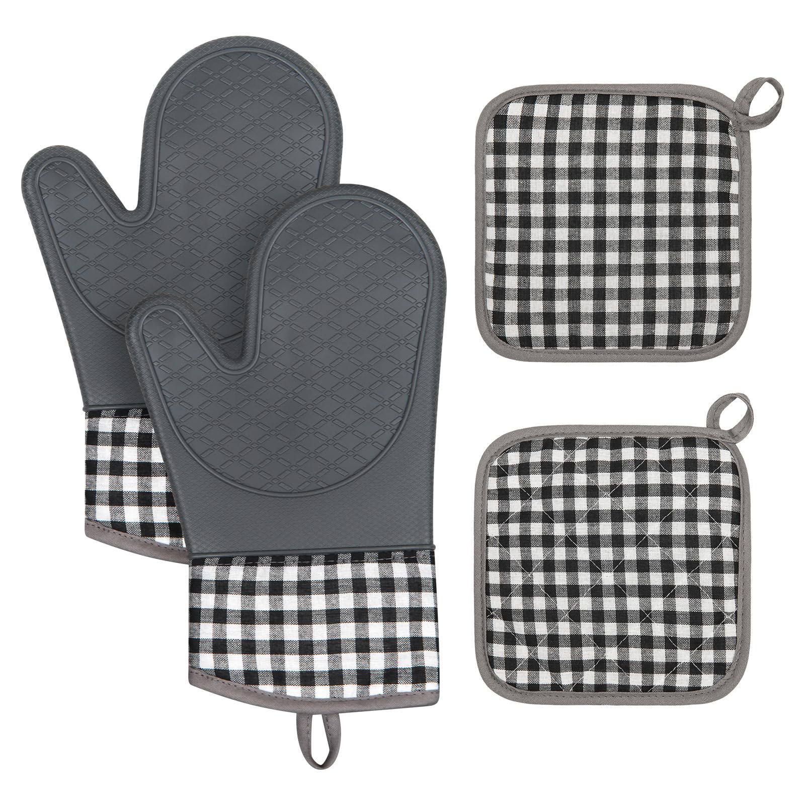 Tifanso Plaid Oven Mitts and Pot Holders 4-Piece Set, Oven Mitts Gloves Heat Resistant with Non-Slip Silicone Surface for Cooking Baking Grilling,