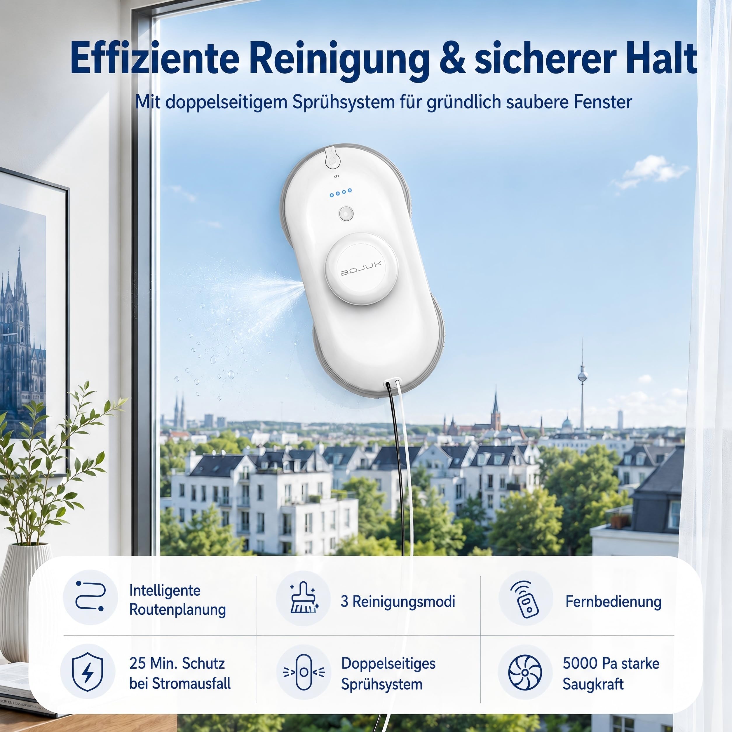 Fensterputzroboter, 5000Pa Fensterroboter, Dual-Sprühsystem, 100ml Tank, Intelligente Navigation, 3 Modi, Kantenerkennung, UPS, lückenlose Reinigung für Glas & rahmenlose Fenster