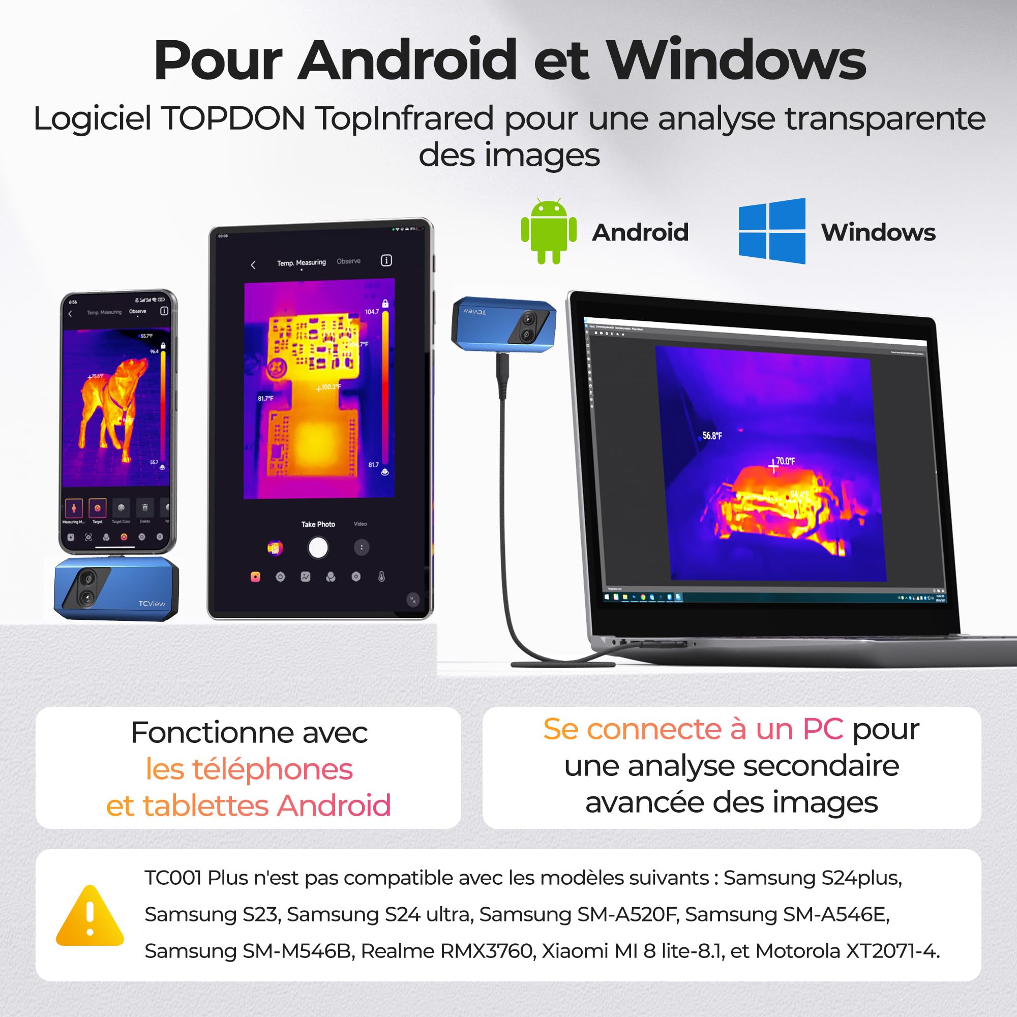 TOPDON TC001 Plus Caméra Thermique Android, 512x384 TISR Résolution Infrarouge Avec 100W Caméra Visuelle, -20°C à 550°C, 25Hz, Caméra Infrarouge à Double Objectif pour Smartphones, Tablettes et PC