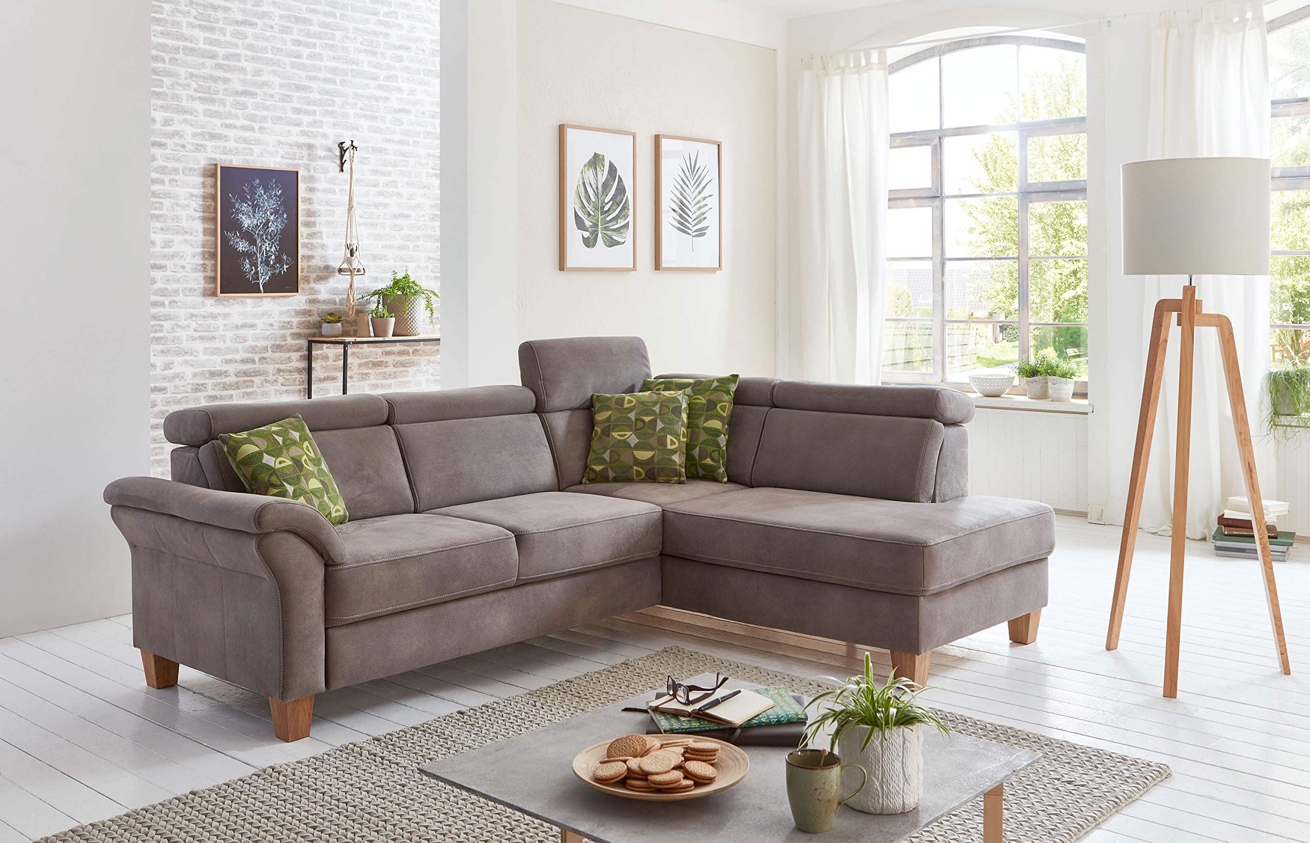 Cavadore Ecksofa Ammerland mit Ottomane rechts / Federkern-Sofa im 