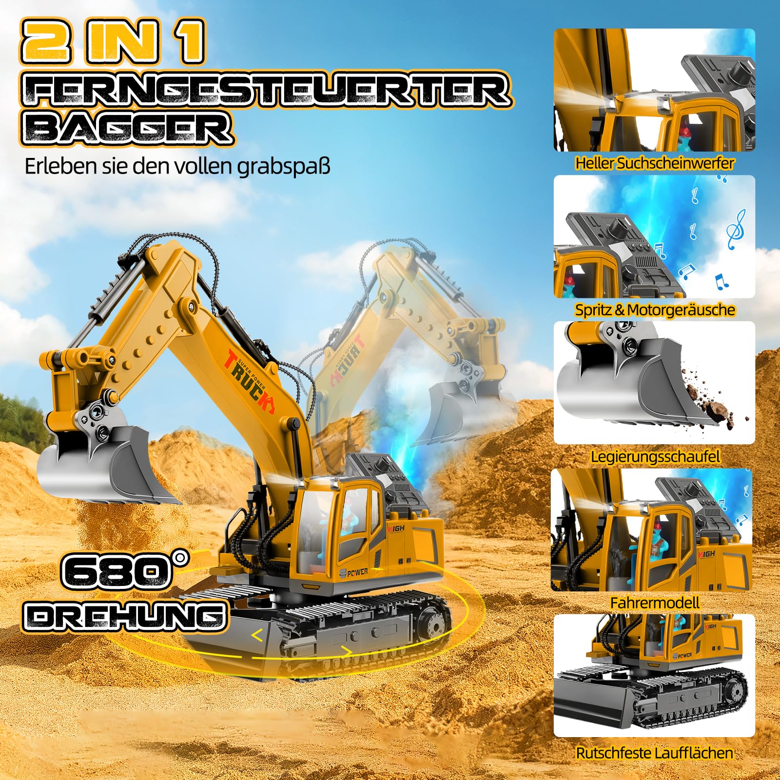 Ferngesteuerte Bagger 17CH RC Bagger 2,4Ghz Excavator-680° Drehung