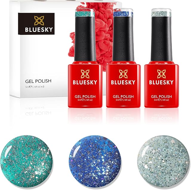 Bluesky Gel Nail Polish Set, Teal Confetti, Dazzling Blz49, Teal Blue Green Blz10, Midnight Blue Blz13, 3 x 5 ml Glitter (Requires Curing Under UV or LED Lamp)