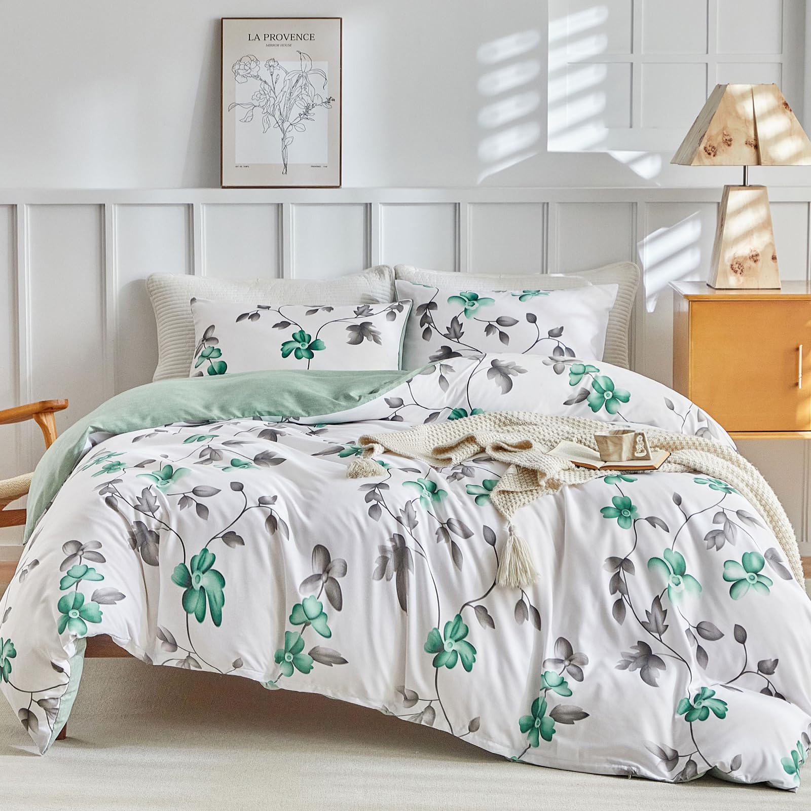 Lekesky Funda Nordica Cama 150, Funda Nordica 220x240cm con Patron de Acuarela Microfibra 3 Piezas Compuesto por 1 Funda Nordica 220x240 cm + 2 Fundas de Almohada 50x75 cm, Flores Verdes Menta
