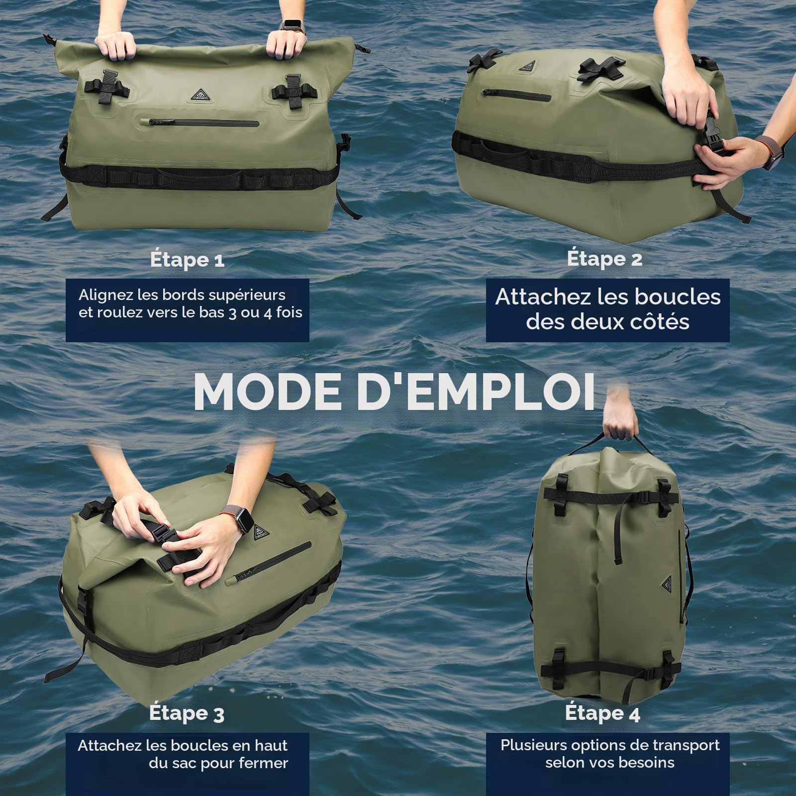 Haimont Sac à dos étanche de 60L avec fermeture à rouleau - Sac de voyage robuste pour canoë, bateau, voyage, moto, kayak, camping, vert militaire, 60L