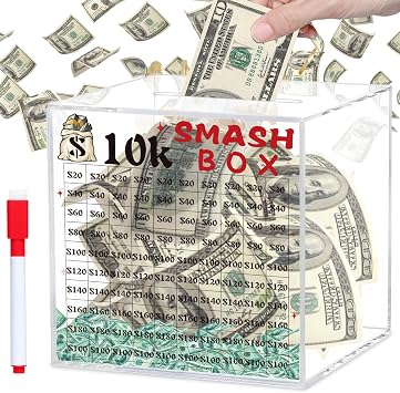 xiheer 10k Smash Box for Money, Large Piggy Bank For Adults 10000 Savings Challenge Box, Money Saving for Cash, Big Unbreakable Clear Acrylic Money Saver Must Break to Open